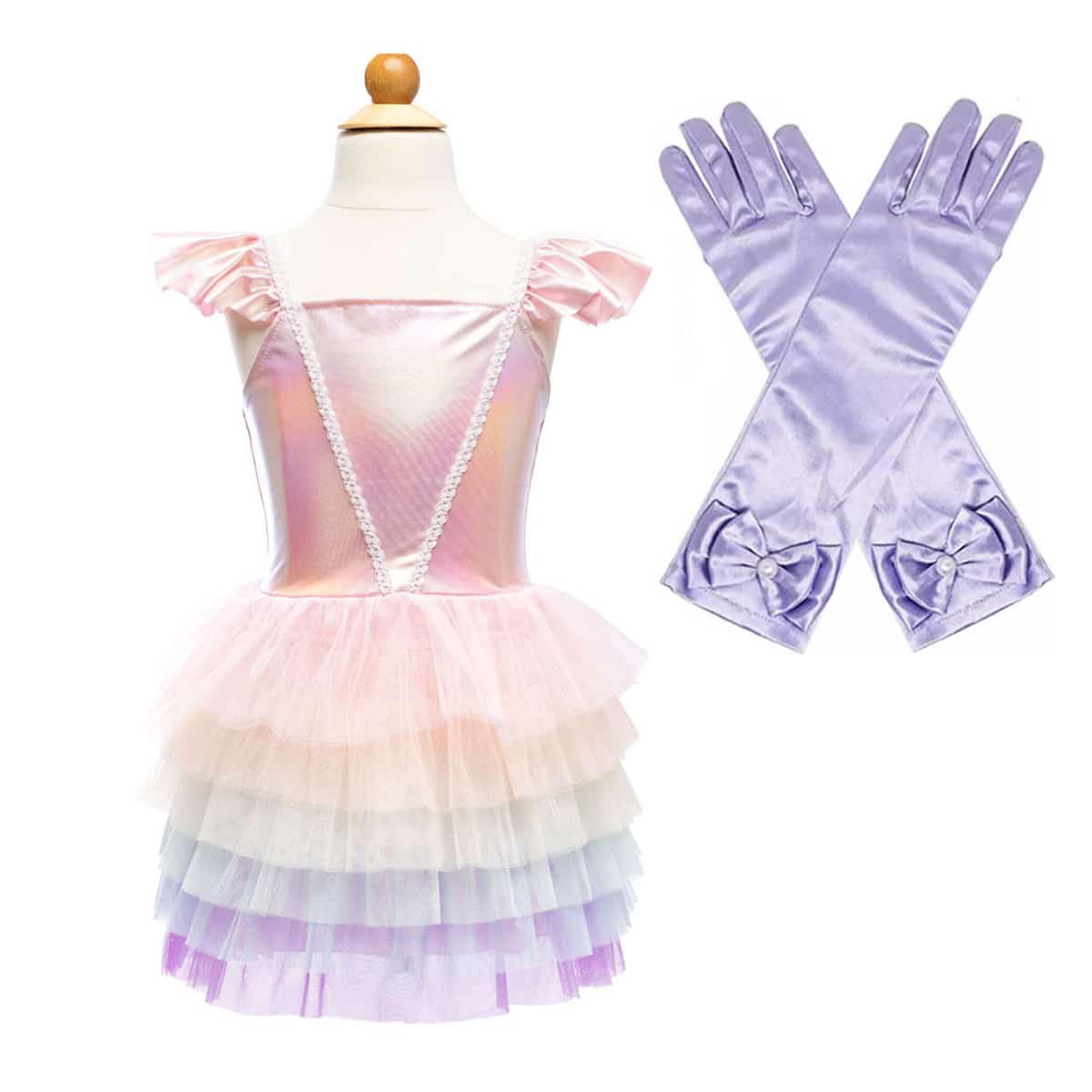 Regenboog jurk kind met roze lijfje, gelaagde pastelkleurige tutu en losse lila handschoenen met strikken