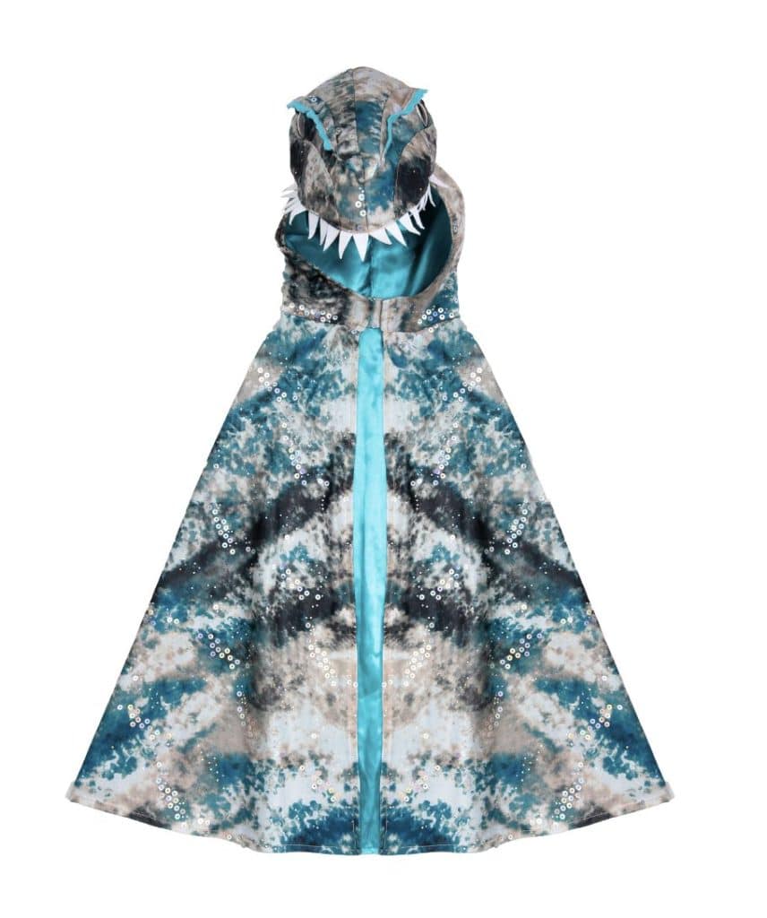 Blauwgroene en bruine Raptor-cape met dinosauruskop, witte tanden en glinsterende pailletten