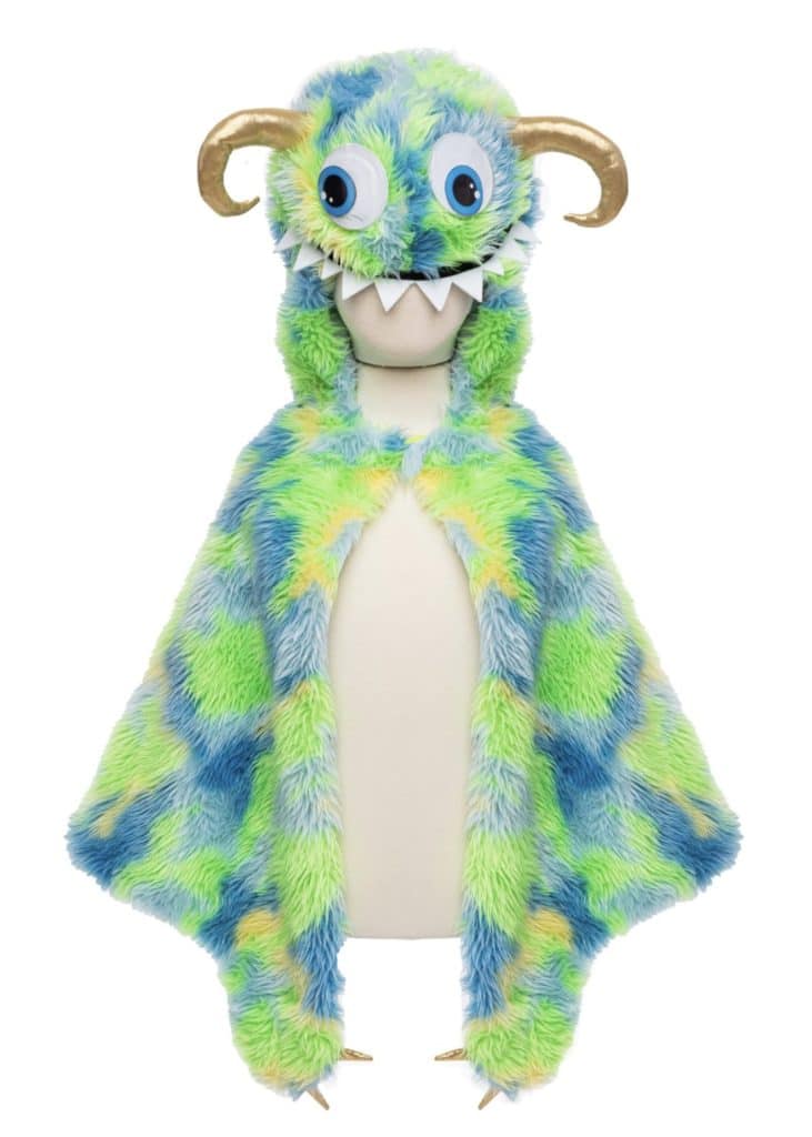 Great Pretenders Swampy Monstercape met blauwgroene hoogpolige stof, monstergezicht, hoorns, tanden en poten