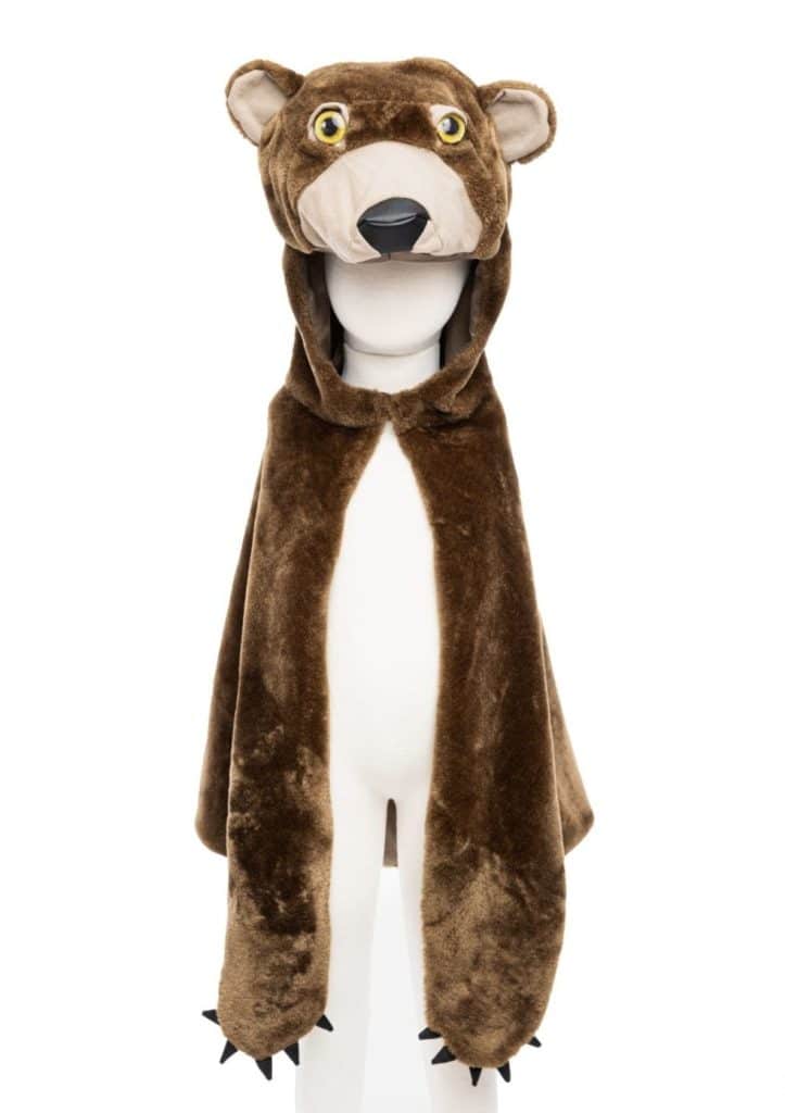 Bruine bear cape met berenkap, grote oren, beige snuit en lange voorpootjes met zwarte klauwen