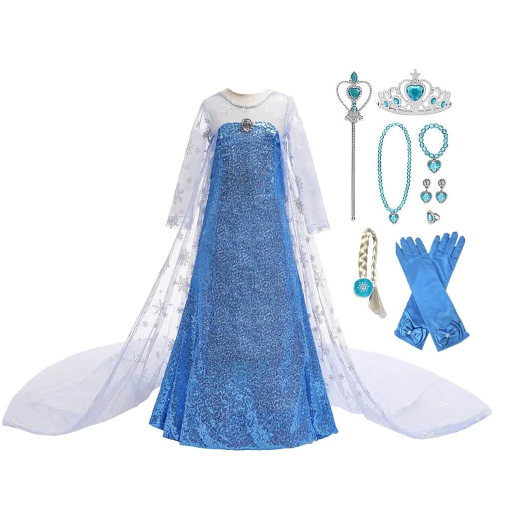 Prinses blauwe jurk van Elsa met transparante sleep en bijpassende kroon, handschoenen, staf en sieraden