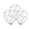 Set van zes transparante Halloween spinnenballonnen met zwarte spinnenconfetti, los tegen een witte achtergrond.