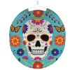 Javoli lantaarn met kleurrijk Day of the Dead-schedelmotief, bloemen en vlinders op turquoise papier