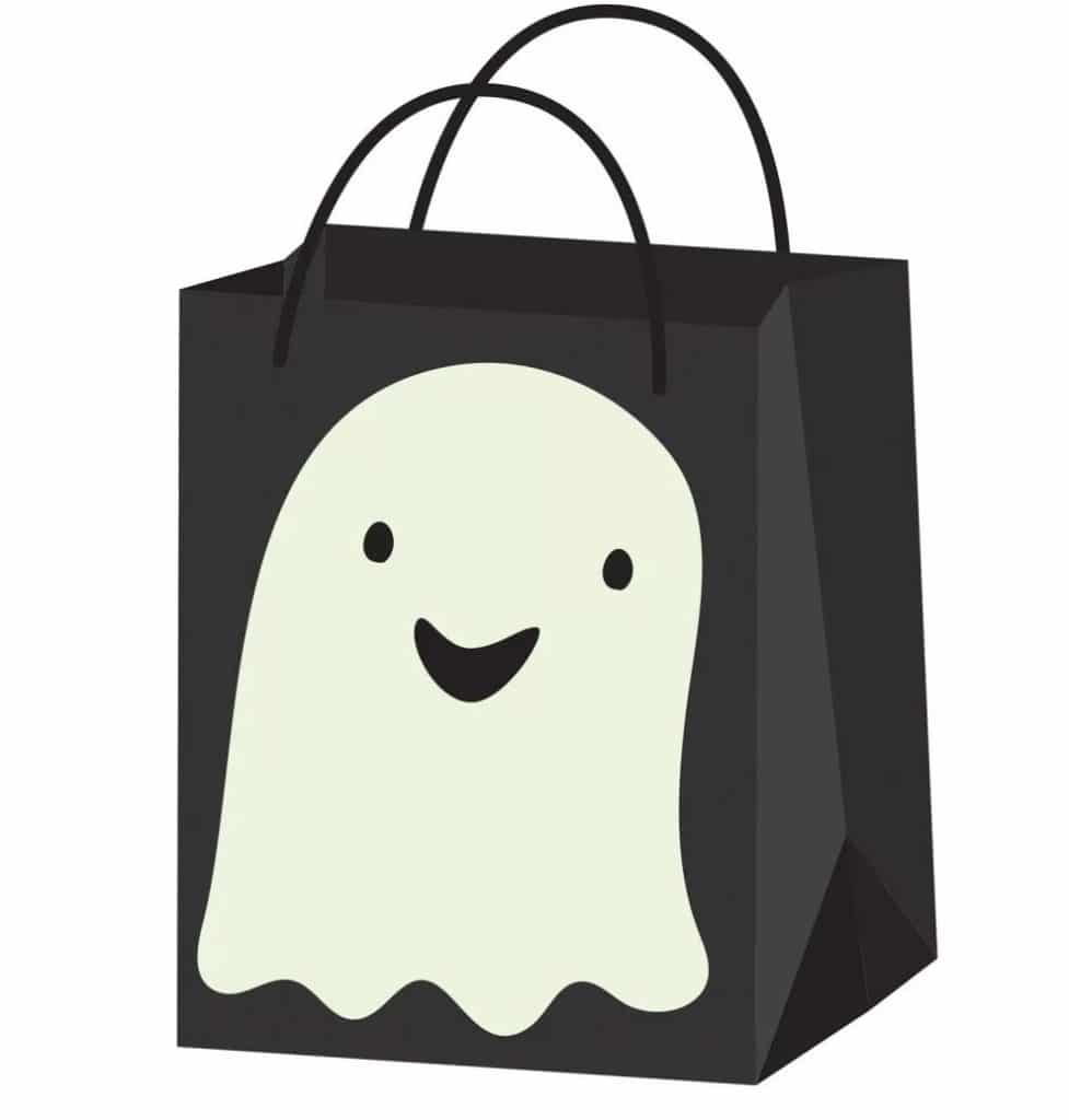 Zwart Halloween uitdeeltasje van Javoli met hengsels en een grote witte spookafbeelding op de voorkant.
