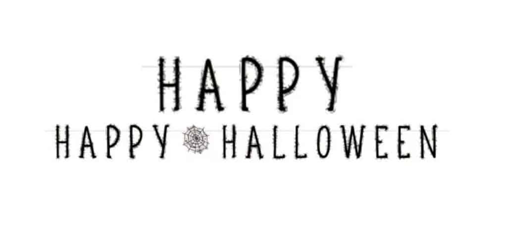 Happy Halloween banner van 180 cm met zwarte tekst en een klein spinnenweb op een witte achtergrond