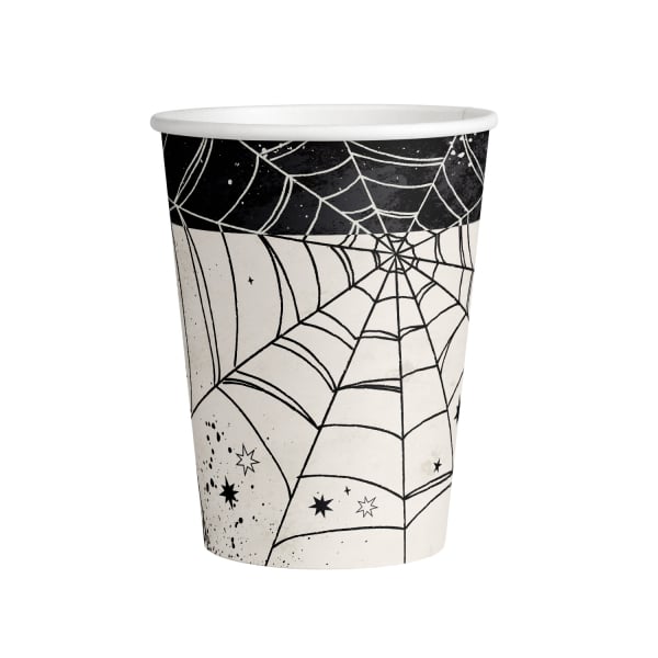 Zwart-witte Halloween bekers met spinnenwebmotief, waarvan één papieren beker duidelijk zichtbaar is