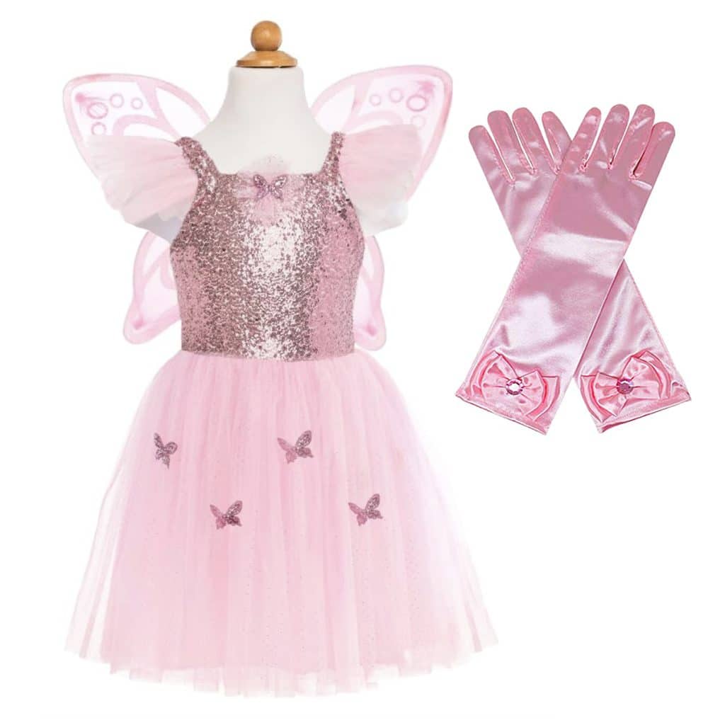 Roze vlinderjurk met glittertop, tule vleugels en bijpassende lange handschoenen, plat naast elkaar afgebeeld