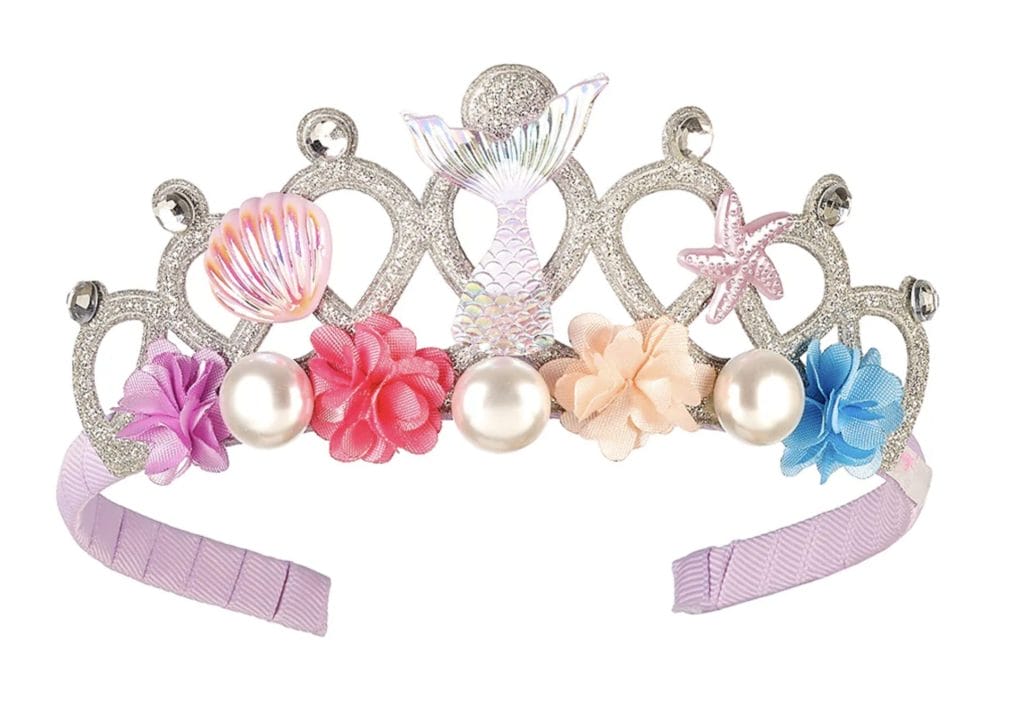 Zilverkleurig Souza diadeem Dane zee met zeemeerminstaart, schelp, zeester en kleurrijke bloemen