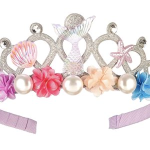 Zilverkleurig Souza diadeem Dane zee met zeemeerminstaart, schelp, zeester en kleurrijke bloemen