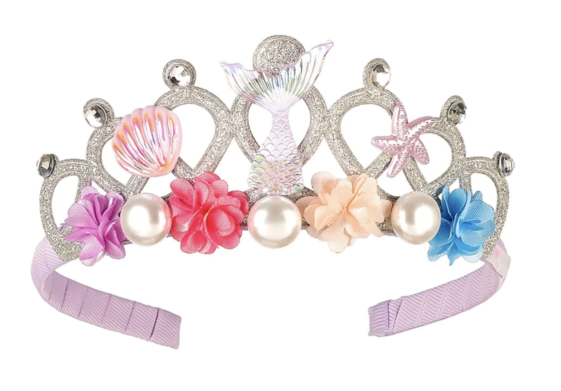 Zilverkleurig Souza diadeem Dane zee met zeemeerminstaart, schelp, zeester en kleurrijke bloemen