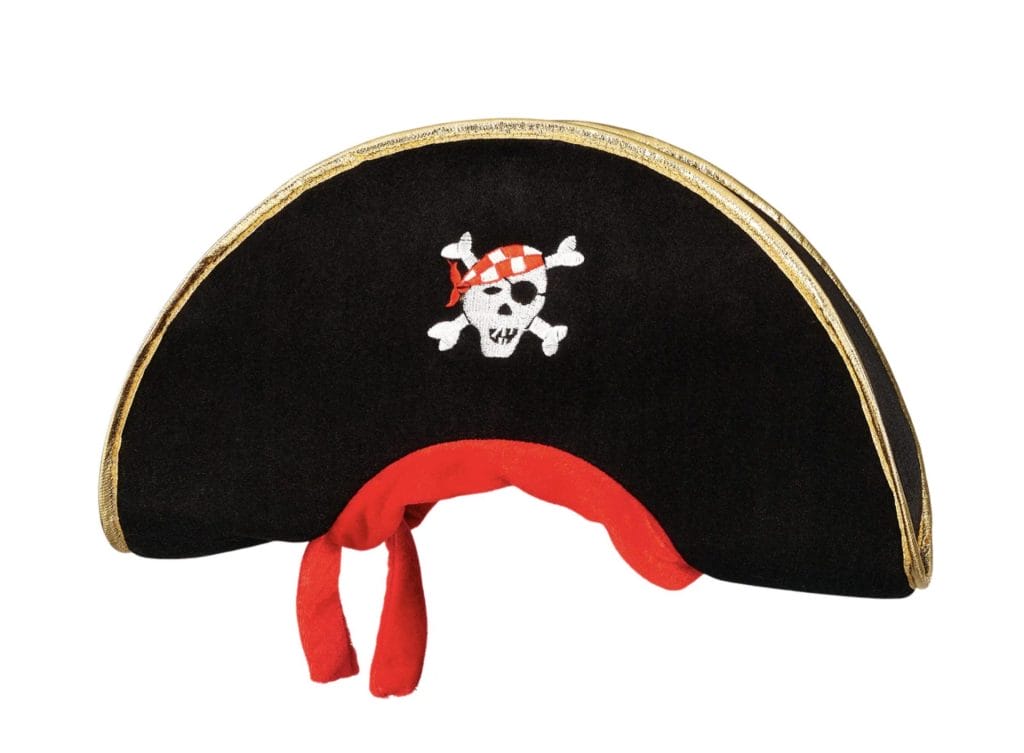 Zwarte piraat hoed van Souza! met gouden rand, rood lint en witte schedel met rode bandana