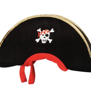 Zwarte piraat hoed van Souza! met gouden rand, rood lint en witte schedel met rode bandana