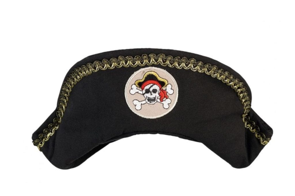 Zwarte Duncan piratenhoed als verkleedkleding piraat kind, met goudkleurige rand en doodshoofdembleem