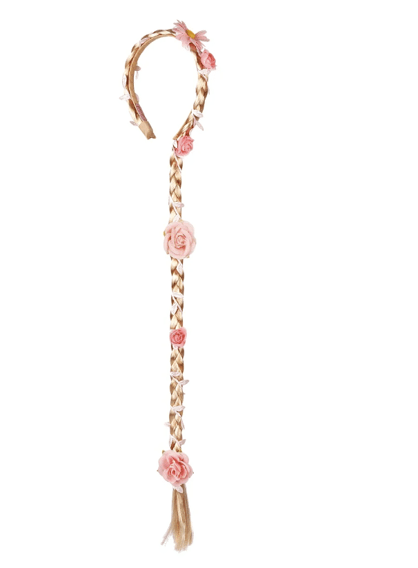 Rapunzel vlecht met blonde kunsthaarvlecht en roze bloemen aan een haarband van Souza!