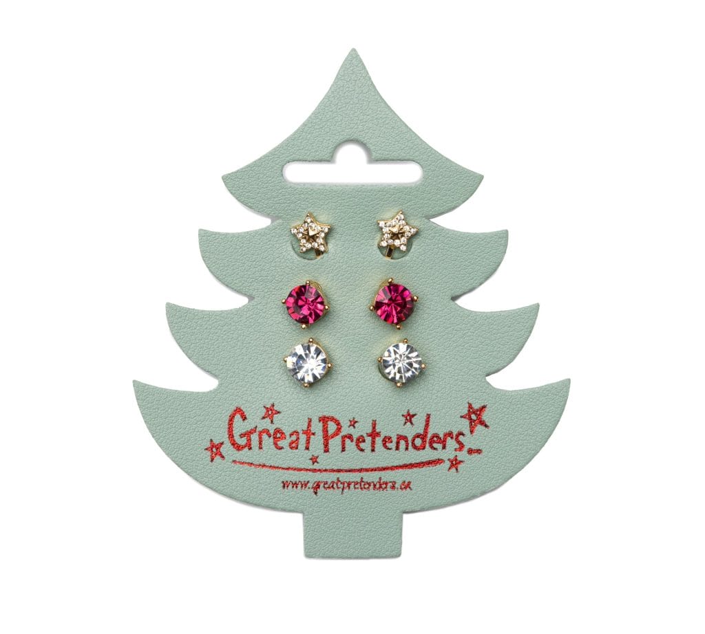 Set Great Pretenders kerst oorbellen met drie paar clip-onges in goud, roze en zilver op een kerstboomkaart