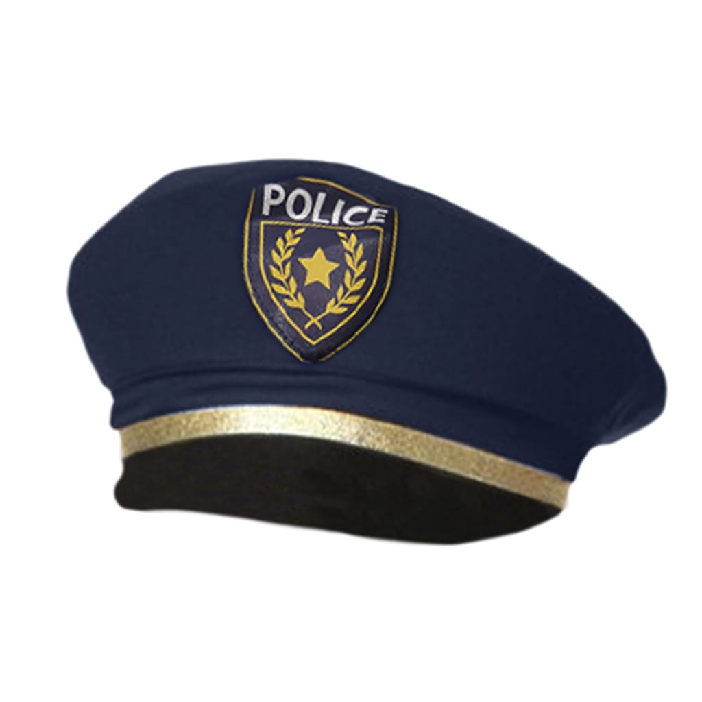 Donkerblauwe politiehoed van het politie verkleedkostuum, met gouden band en politie-embleem op de voorkant