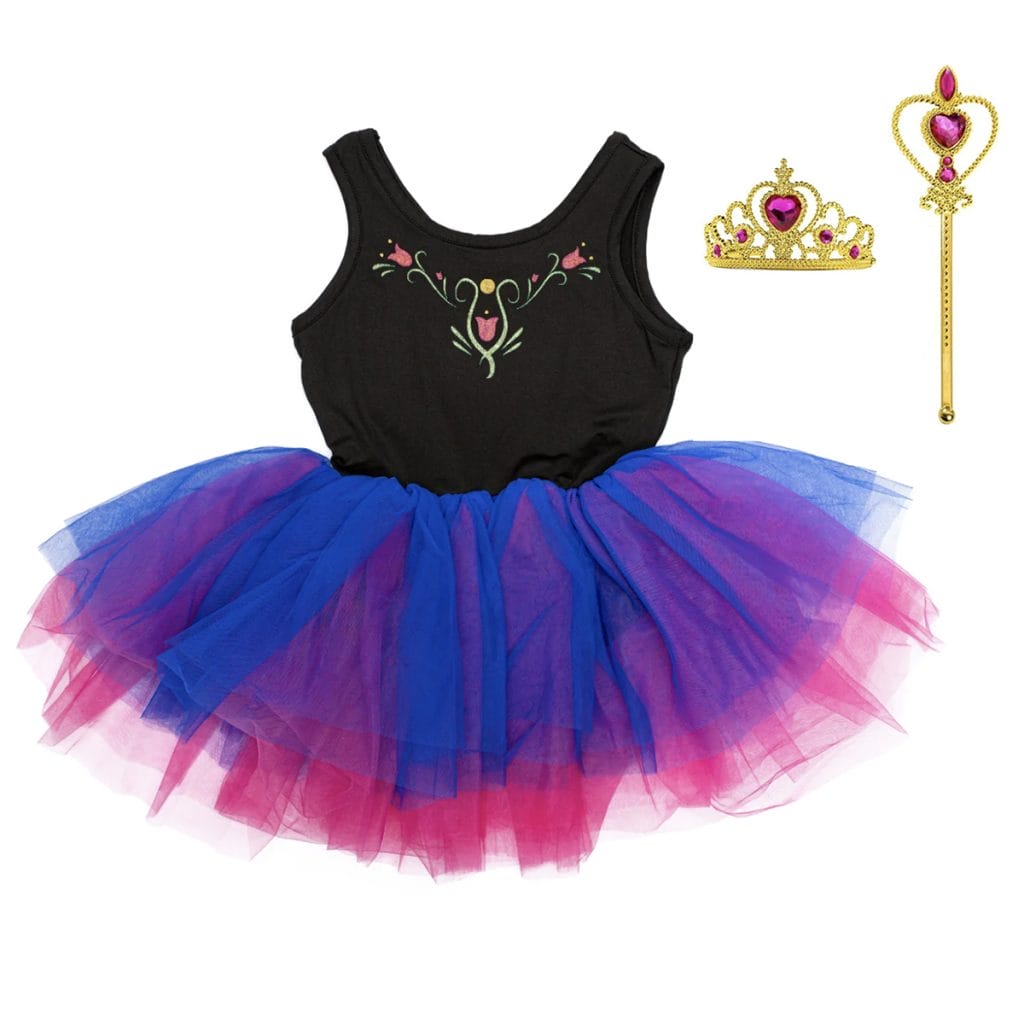 Anna tutu jurk met zwarte top en roze-blauwe tule rok, afgebeeld met een gouden tiara en hartvormige toverstaf