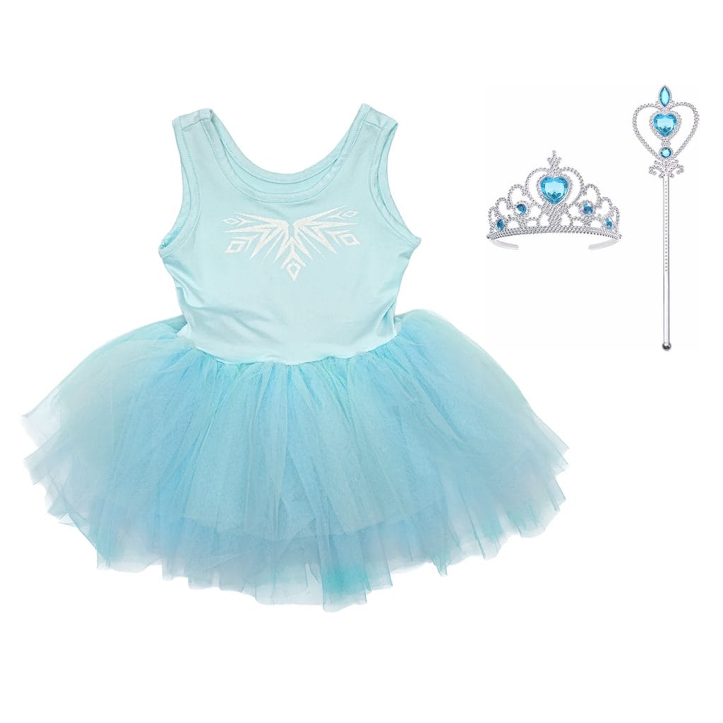 Lichtblauwe Elsa ballet tutu-jurk met witte sneeuwvlokversiering, zilveren kroon en toverstaf met blauwe hartdetails