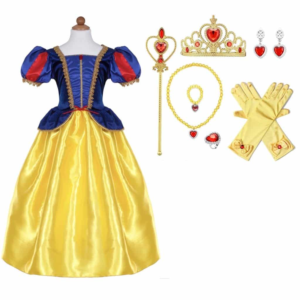 Sneeuwwitje jurk disney in geel, blauw en rood, met bijpassende kroon, sieraden en gele handschoenen.