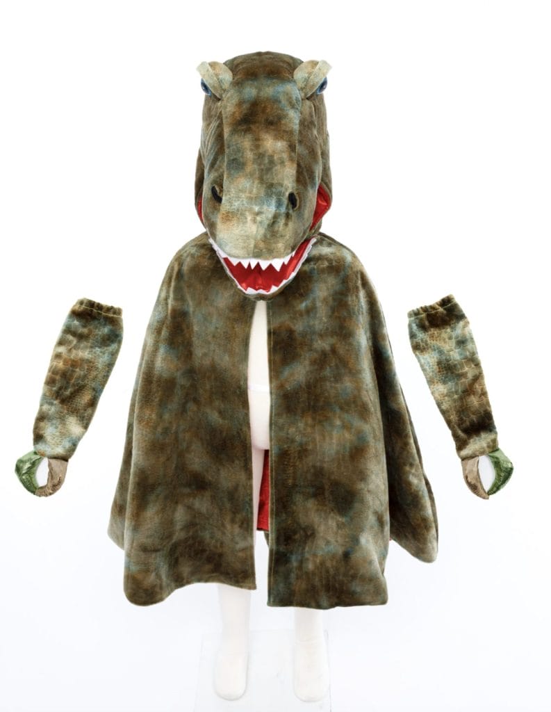 Dino verkleedpak met bruine T-Rexcape, dinosaurusmasker en bijpassende klauwen op een witte achtergrond