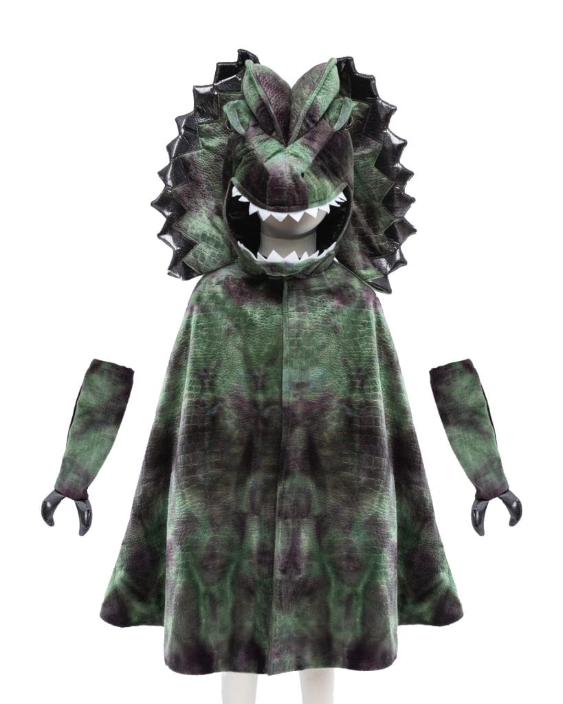 Dinosaurus cape in groen en paars met dinosauruskop, zwarte stekels en losse mouwen met zwarte klauwen.