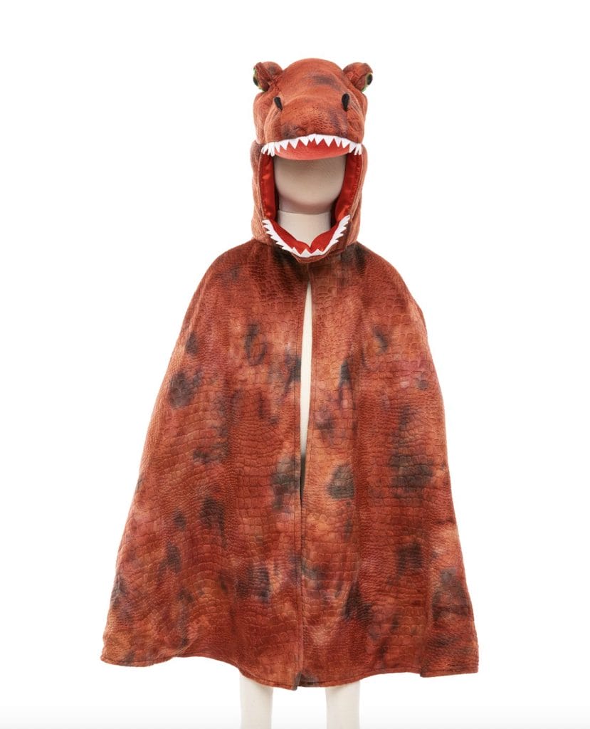 Roodbruine dinosaurus cape met T-Rex-hoofd, open bek en witte tanden, frontaal getoond op een paspop