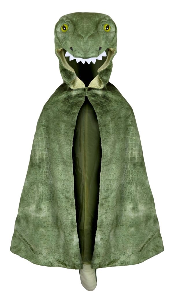 Groene dinosaurus cape met T-Rex-capuchon, gele ogen, witte vilten tanden en een lange staart