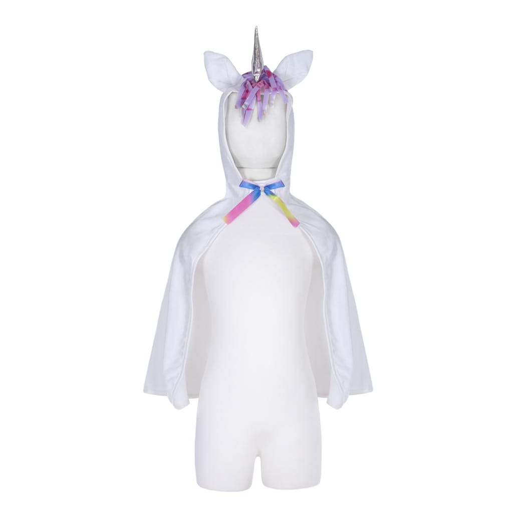Witte Great Pretenders unicorn cape op een paspop, met zilveren hoorn, witte oren en kleurrijke manen.