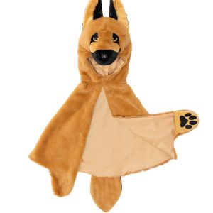 Bruine honden cape als dieren kostuum kind met opgezette hondenkop, lange oren en pootafdruk op de pootzak