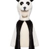 Zwart-witte pandacape met grote pandakop, rechtopstaande oren en lange zwarte pootzakken op witte achtergrond