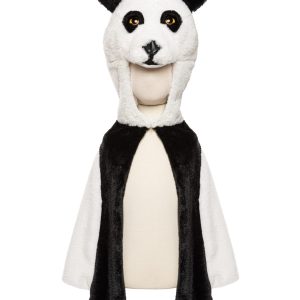 Zwart-witte pandacape met grote pandakop, rechtopstaande oren en lange zwarte pootzakken op witte achtergrond