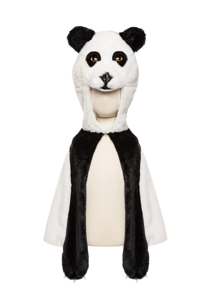 Zwart-witte pandacape met grote pandakop, rechtopstaande oren en lange zwarte pootzakken op witte achtergrond