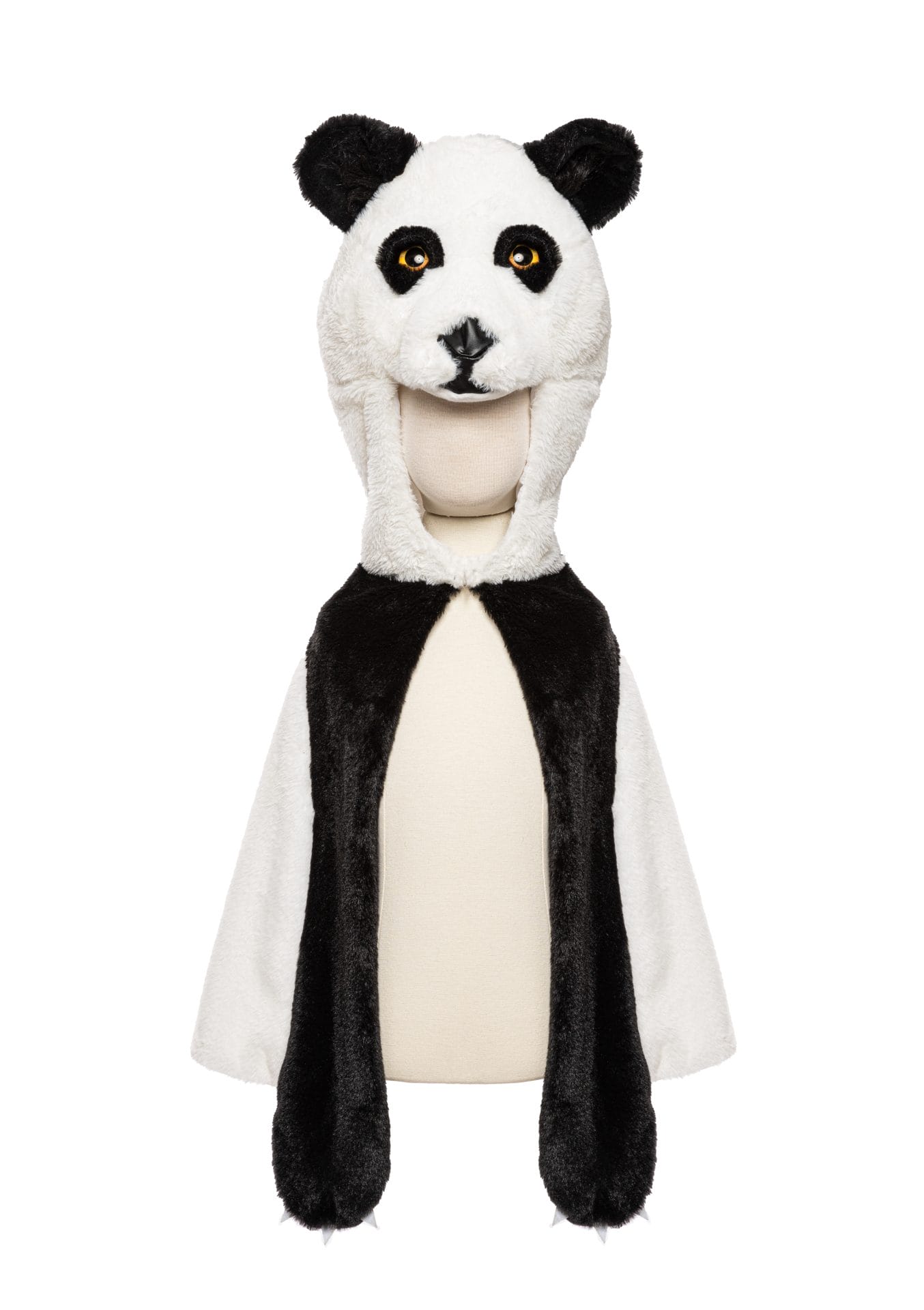 Zwart-witte pandacape met grote pandakop, rechtopstaande oren en lange zwarte pootzakken op witte achtergrond