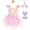 Roze Unicorn jurk met paarse tule rok, eenhoornhoofdband en lange lila satijnen handschoenen, los neergelegd