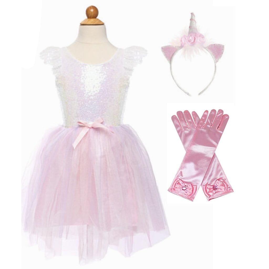 Roze unicorn jurk met glinsterend lijfje, tule rok, eenhoornhaarband en lange satijnen handschoenen