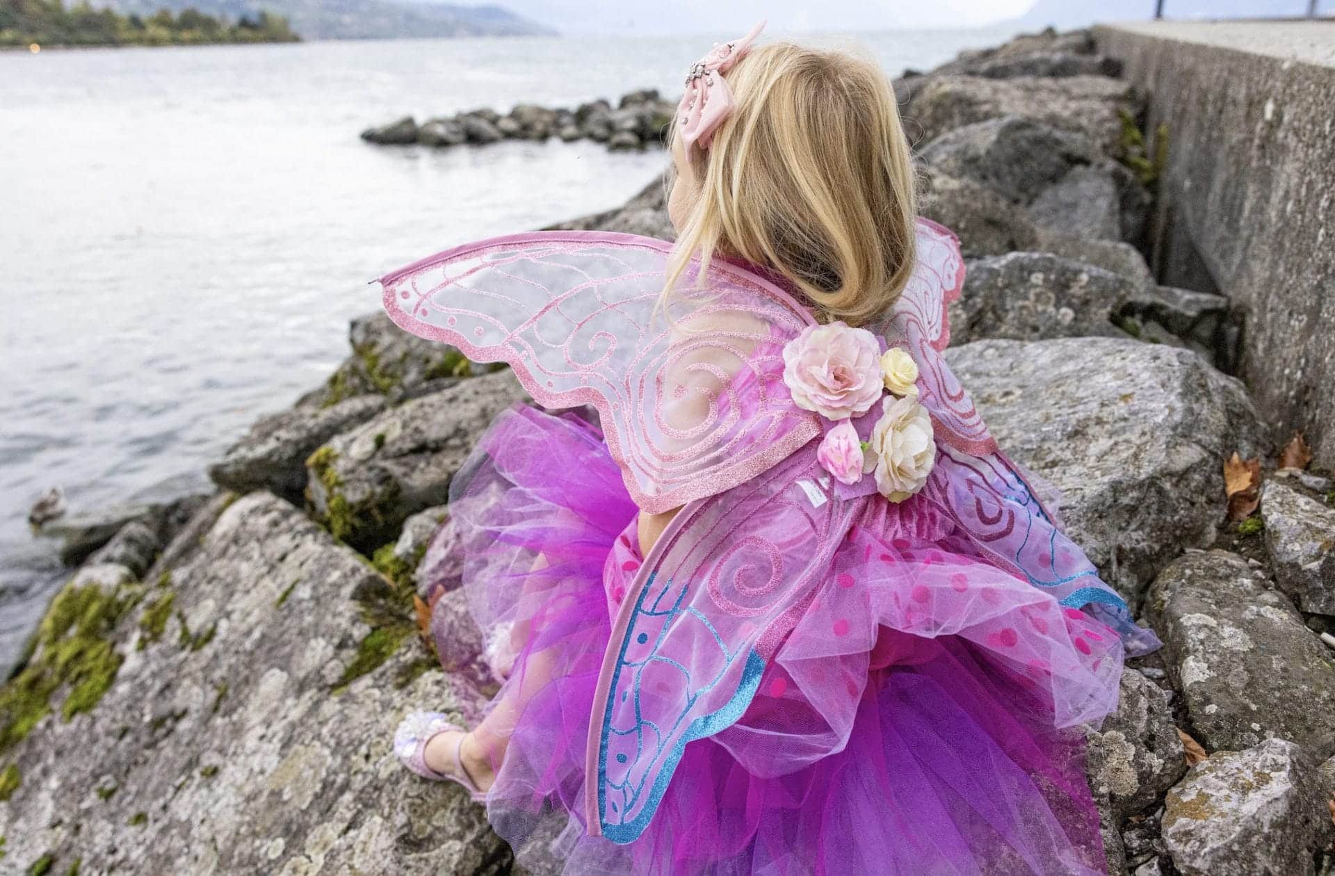 Meisje in roze elfjesjurk met vleugels en bloemen op de rug, zittend op rotsen aan het water