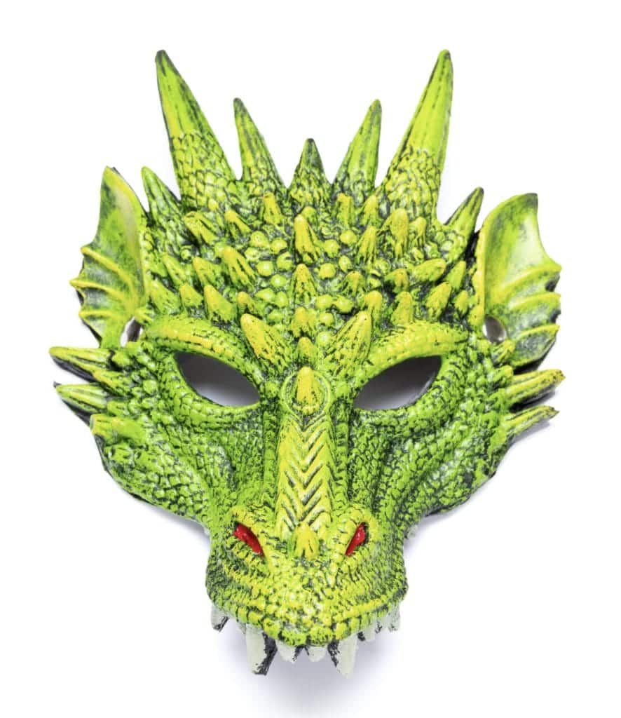 Groen drakenmasker van Great Pretenders met schubben, hoorns, vleugels en scherpe tanden