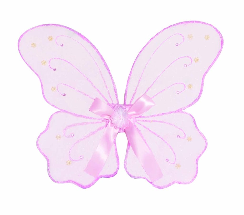 Roze fairy wings met paarse glitterrand, sierlijke lijnen en gouden bloemetjes, samengebonden met een satijnen strik
