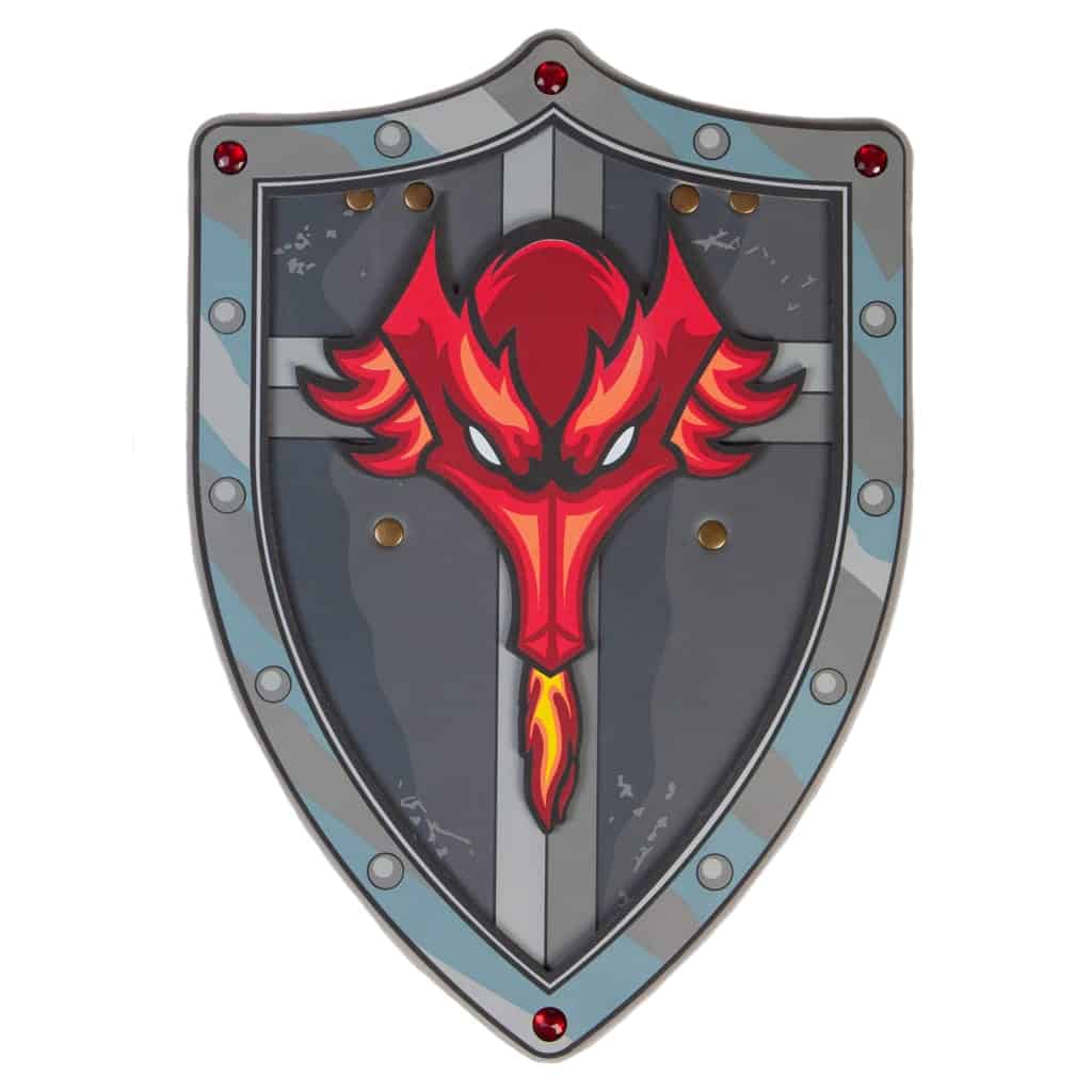 Drakenschild met een rode vuurspuwende draak, grijze metalen rand en rode sierknoppen op witte achtergrond