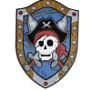 Piraten schild met blauwe achtergrond, houten rand en een grote schedel met gekruiste zwaarden