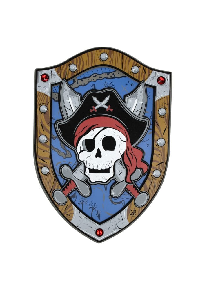 Piraten schild met blauwe achtergrond, houten rand en een grote schedel met gekruiste zwaarden