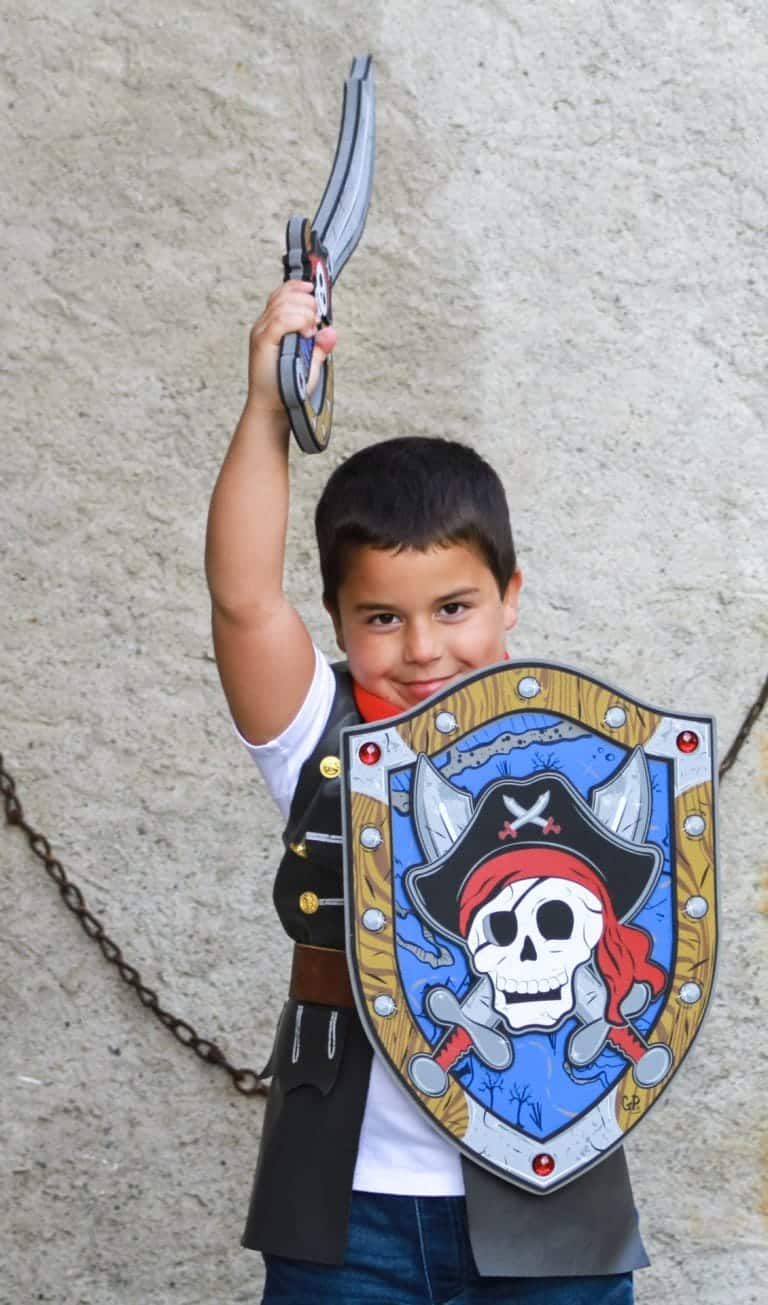 Jongen houdt een Great Pretenders piratenzwaard omhoog en draagt een blauw piratenschild met doodskop.