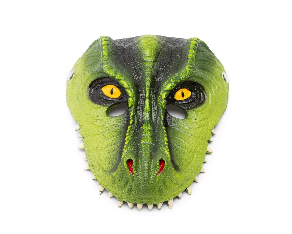 Groen Tyrannosaurus dinomasker van Great Pretenders met gele ogen, schubben en scherpe tanden
