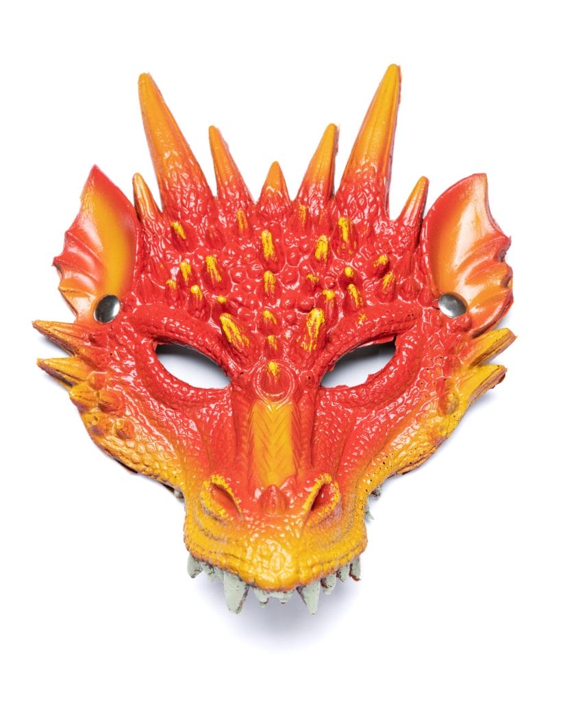 Rood drakenmasker van Great Pretenders met oranje hoorns, vleugels en gele details