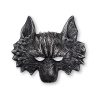 Grijs weerwolfmasker met puntige oren, harige textuur, oogopeningen en een grote zwarte snuit, los afgebeeld