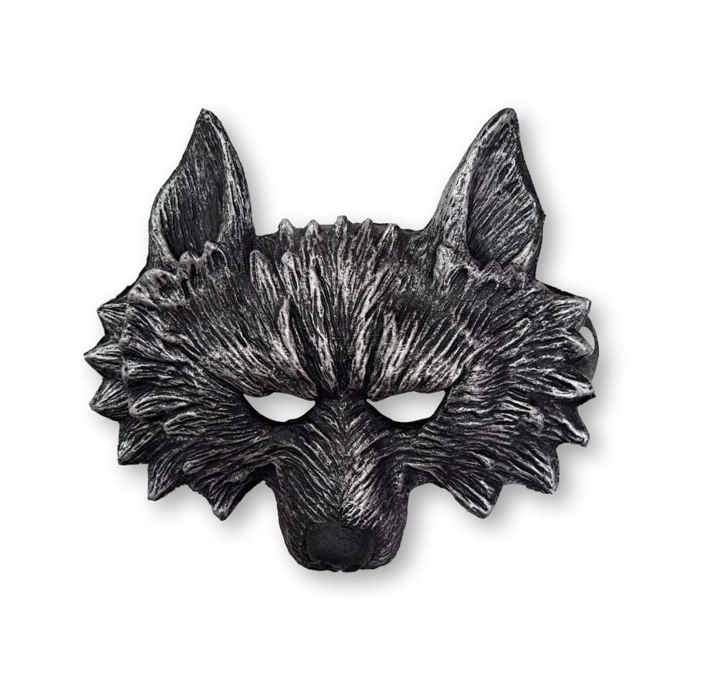 Grijs weerwolfmasker met puntige oren, harige textuur, oogopeningen en een grote zwarte snuit, los afgebeeld