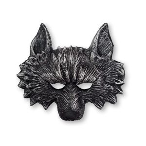 Grijs weerwolfmasker met puntige oren, harige textuur, oogopeningen en een grote zwarte snuit, los afgebeeld