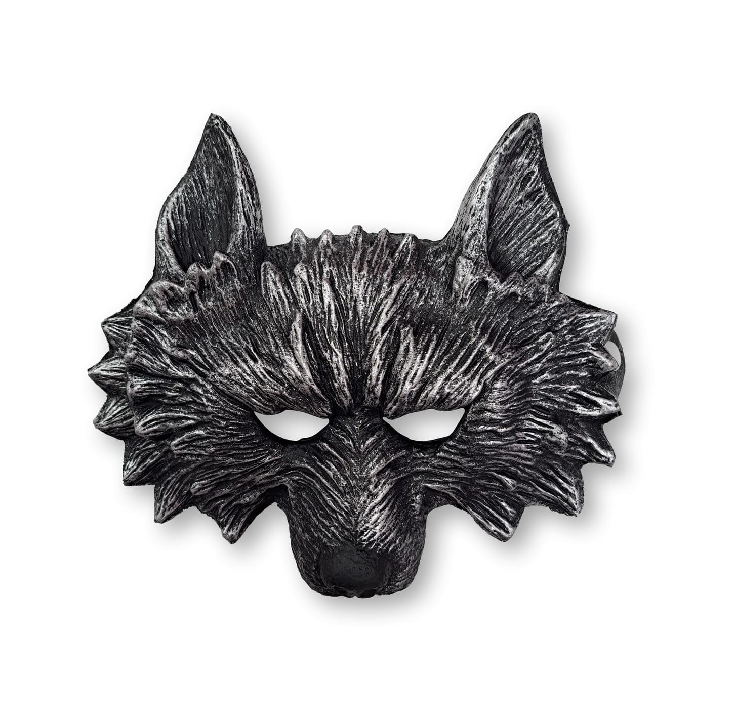 Grijs weerwolfmasker met puntige oren, harige textuur, oogopeningen en een grote zwarte snuit, los afgebeeld