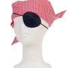 Zwart piraten ooglapje van Souza op een paspop, gecombineerd met een rood-wit geblokte piratenhoofddoek