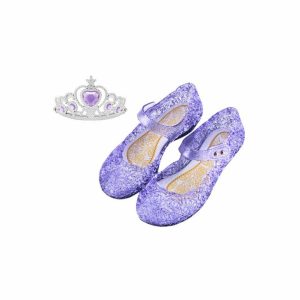 Paarse prinsessenschoenen met klittenband en een zilverkleurige kroon met paarse hartsteen